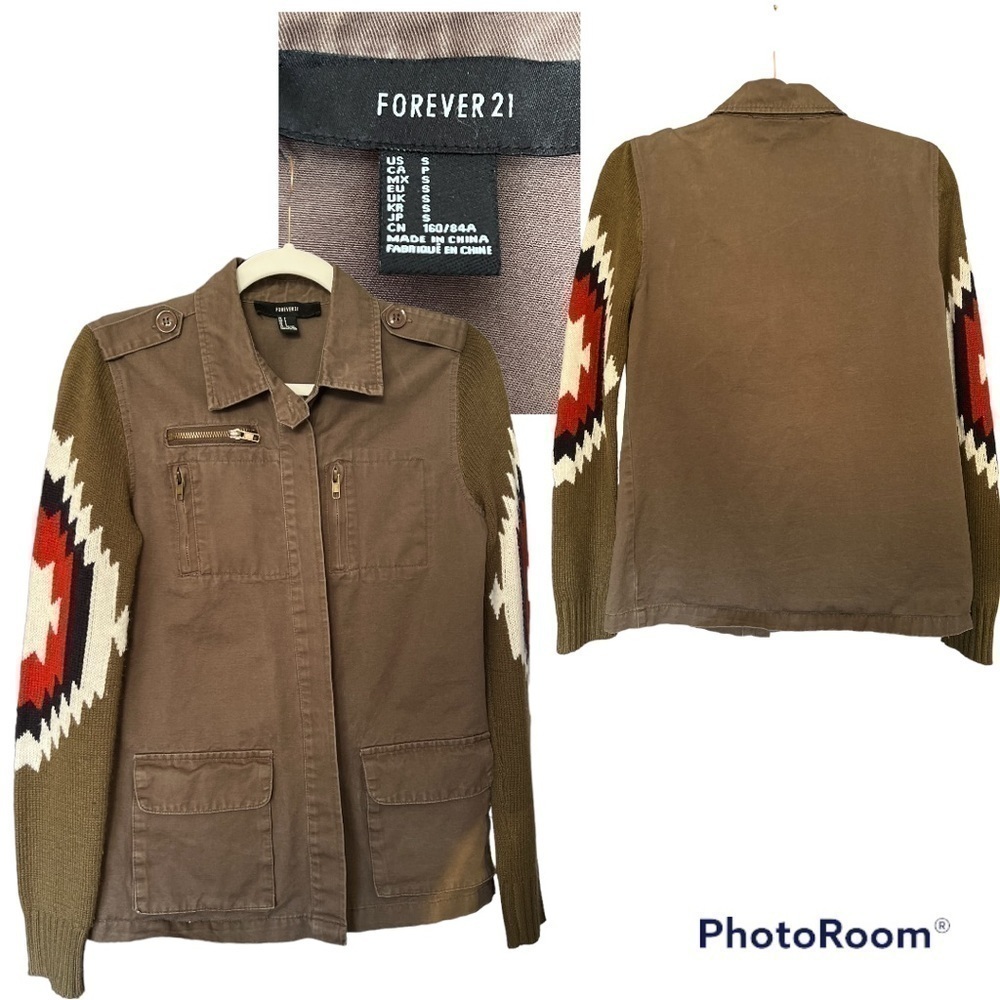 VINTAGE 2000s Military Style Utility Jacket Southwestern Sweater Sleeves Size S - Picture 4 of 4
